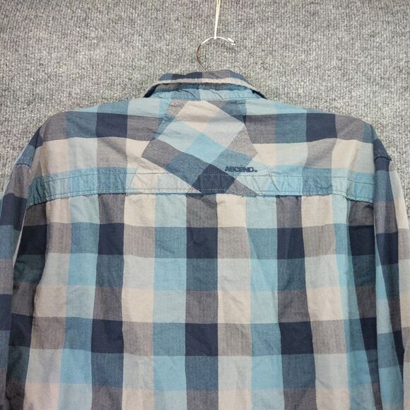 Ascend Size Mens L Blue Gray Plaid Button Up Long Sleeve Shirt Front Flap Pocket - Picture 9 of 12